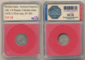 Victoria Empress, Silver ¼ Rupee, 1878, C / II No mint mark, Calcutta Mint. Slabbed and gr