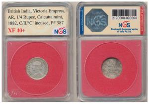 Victoria Empress, Silver ¼ Rupee, 1882, C / II / C incused, Calcutta Mint. Slabbed and gra