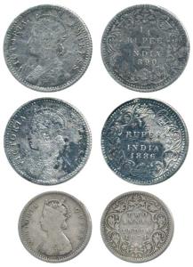 Victoria Queen, Silver ¼ Rupee, 1886 and 1890, Calcutta Mint; 2 Annas, 1874, Bombay Mint. 