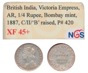Victoria Empress, Silver ¼ Rupee, 1887, Bombay Mint, C / II ’B’ raised. Slabbed and graded