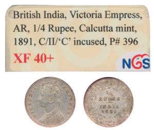 Victoria Empress, Silver ¼ Rupee, 1891, C / II ’C’ incused. Slabbed and graded by NGS XF40