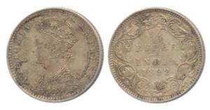 Victoria Empress, Silver ¼ Rupee, 1892, Bombay Mint, C / I / ’B’ incuse. About Extremely F