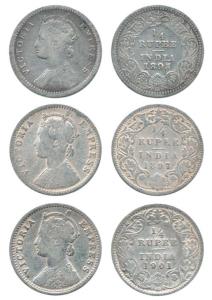 Victoria Queen, Silver ¼ Rupee, 1893 and 1901, Calcutta Mint; 1897, Bombay Mint. Fine. (3)