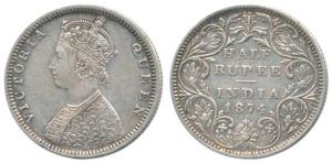 Victoria Queen, Silver ½ Rupee, 1874, Bombay Mint, B1 / II / dot. About Extremely Fine, Ve