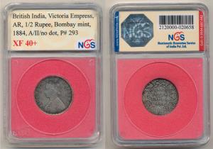 Victoria Empress, Silver ½ Rupee, 1884, A / II No mint mark, Bombay Mint. Slabbed and grad