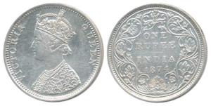 Victoria Queen, Silver Rupee, 1874, Bombay Mint, C / II No mint mark. Extremely Fine.