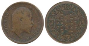 Edward VII, Copper ¼ Anna, 1910, 90 degrees die rotate. About Very Fine, Very Rare.
