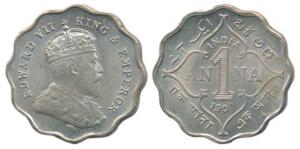 Edward VII, Copper Nickel Anna, 1907. About Uncirculated, Rare.