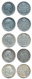Edward VII Silver ¼ Rupee, 5 different dates 1904, 1905, 1906, 1907 and 1908. About Very F