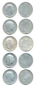Edward VII, Silver ½ Rupee, 5 different dates 1905, 1906, 1907, 1909, 1910. Fine to Extrem
