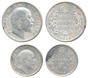 Edward VII, Silver ½ and ¼ Rupee, 1908 and 1910. Fine to Very Fine. (2)