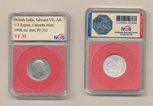 Edward VII, Silver ½ Rupee, 1908. Slabbed and graded by NGS VF35, About Very Fine, Scarce.
