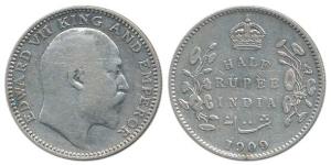 Edward VII, Silver ½ Rupee, 1909, Calcutta Mint. About Very Fine, Scarce.
