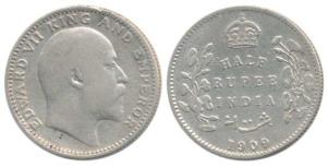 Edward VII, Silver ½ Rupee, 1909, Calcutta Mint. About Very Fine, Scarce.