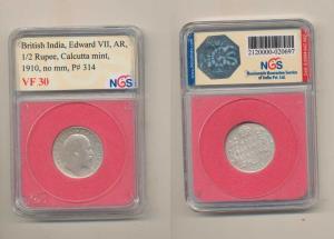 Edward VII, Silver ½ Rupee, 1910. Slabbed and graded by NGS VF30, Fine+, Scarce.