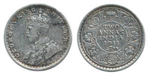 George V, Silver 2 Annas, 1911, Calcutta Mint. Very Fine+, Rare.