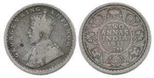 George V, Silver 2 Annas, 1911, Calcutta Mint. Fine+, Rare.