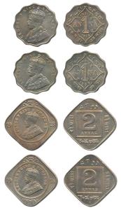 George V, Cupro-Nickel 2 Annas, 1918 and 1936; 1 Anna, 1935, 1936. Uncirculated. (4)