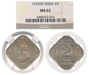 George V, Cupro-Nickel 2 Annas, 1923, Bombay Mint. Slabbed and graded by NGC MS62. Very Ra