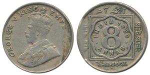 George V, Cupro-Nickel 8 Annas, 1920, Error, Bombay Mint, a depressed planchet on the righ