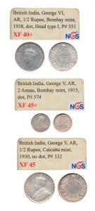 George V and George VI, Silver ½ Rupee, 1930, 1938; 2 Annas, 1915. Slabbed and graded by N