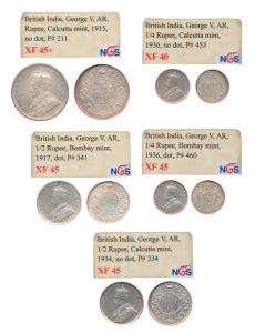 George V, Silver Rupee, 1915; ½ Rupee, 1917 and 1934; ¼ Rupee, 1936 (2). Slabbed and grade