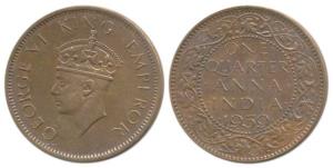 George VI, Copper ¼ Anna, 1939, Calcutta Mint, Mature Head. Extremely Fine, Rare.