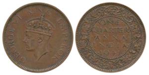 George VI, Copper ¼ Anna, 1941, Bombay Mint, Mature Head. Extremely Fine, Rare.