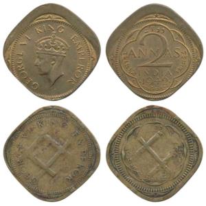 George VI, Nickel Brass 2 Annas, 1942 and 1945 (2), the first 10% off-center; the other wi