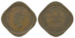 George VI, Nickel Brass 2 Annas, 1944, Lahore Mint. Very Fine+, Rare.