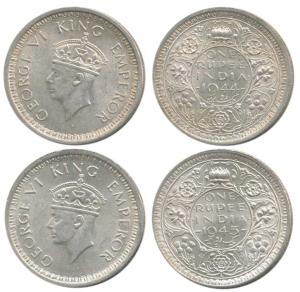 George VI, Half Silver Rupee (2), 1944 and 1945, Lahore Mint ,both D / Ia, . Uncirculated.