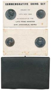 1964 Uncirculated set, Birth Anniversary of Jawaharlal Nehru, set of 2, 50p and 1Rupee. In