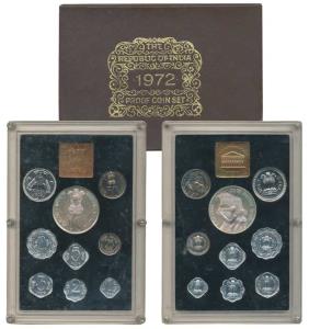 1972 Proof Set, 25th Anniversary Indian Independence, set of 9, 1 Paisa to Rupees 10. In i