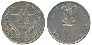Cupro-Nickel Rupees 10, 1974, Planned Families Food for All. Brilliant Uncirculated.