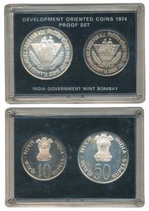 1974 Proof Set, Planned Families Food For All, set of 2, Rupees 10 and 50. In plastic casi