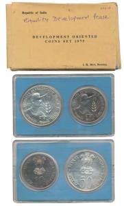 1975 Uncirculated Set, Equality Development and Peace, set of 2, Rupees 10 and 50. The box
