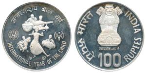 Silver Rupees 100, 1981, International Year of the Child, Bombay Mint. Proof, Rare.