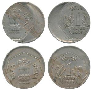 Cupro-Nickel 1 Rupee (2) , 1983 and 1985, Error, off-center, 20% and 30% respectively. Ext