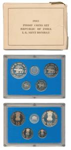 1985 Proof Set, Reserve Bank of India, 50 paise to Rupees 100, Bombay Mint. Within origina