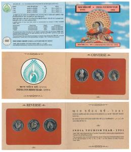 1991 Uncirculated Set, India Tourism Year, set of 3, Rupee 1 to 5. In immaculate condition