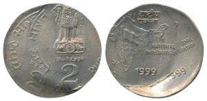 Cupro-Nickel Rupees 2, 1999, National Integration, Error, double struck on obv. and rev. E
