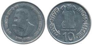 Aluminum Rupees 10, Off Metal Strike, a Rupees 10 (bi-metal) coin struck on a Rupee 2 plan