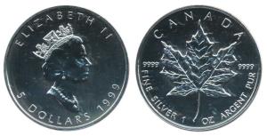 Canada, Elizabeth II, Silver 5 Dollars, 31.1g, 1999. Superb Mint State, Scarce.