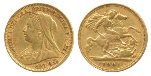 Great Britain, Victoria Queen, Gold ½ Sovereign, veiled head bust, 1901. Very Fine, Rare.