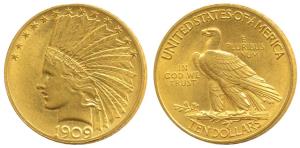 United States of America, Gold $10, 16.64g, 1909, Indian Head on obv., (KM 130). Extremely