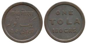 1 Tola weight, Copper One Tola 180 Grs. in English on obv., one Tola in Devnagari, Urdu an