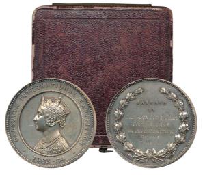 Calcutta International Exhibition, Silver Medal, 1883-84, crowned bust of Queen Victoria o