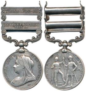 India Medal, Queen Victoria, Silver, 2 bars, Tirah 1897-98 and Punjab Frontier 1897-98, a 