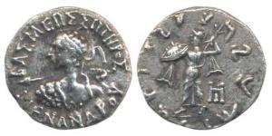 Indo-Greeks, Menander I, Silver Drachm, 2.34g, Bilingual series, obv. diademed bust to lef