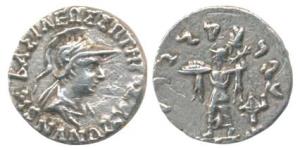Indo-Greeks, Menander I, Silver Drachm, 2.1g, helmeted bust of the king to right with Gree